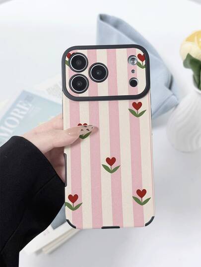 WeiMi 1pc Striped Heart Floral Pattern Full Coverage Classic Anti-Drop Premium Texture Silk-Like PU Leather Soft Large Window New Full Coverage Phone Case Suitable For Friends, Family, Couples, Yourself Birthday Gift, Holiday Gift, Compatible With IPhone17/16/15/14/13/14/12/11 Series