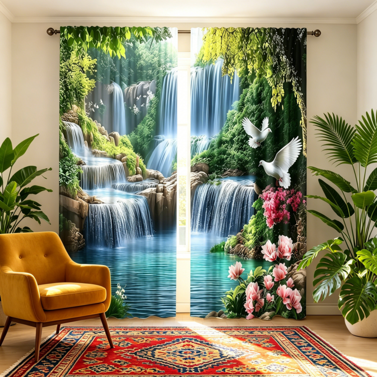 2pcs Nature Style Waterfall & Forest Landscape Semi-Blackout Curtains, Made Of Polyester Fiber, With Rod Pocket, Modern Style, Machine Washable, Suitable For Bedroom And Multiple Rooms - Multicolor - View 7