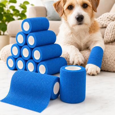 Haftbandage selbstklebend 12er Pack, blau, 10cm x 4,5m elastische Bandage fuer Kompression, Fixierung, Erste Hilfe, Sportstuetze, Haustiere, Pferde, Hunde und Katzen, leicht von Hand reissbar, wasserf