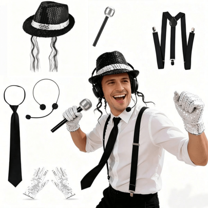 6pcs "King Of Music" Fashion Accessory Set, Includes Hat, Shiny Gloves, Tie, Headset, Microphone, Strap, Suitable For Adult Party, Bridal Party, Theme Party And Music Festival, Role Play As The King Of The Dance