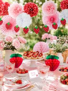 1 Set 22pcs Strawberry Theme Paper Party Decorations, Including Strawberry Hanging Decor And Backdrop, Suitable For Birthday Party, Holiday Celebration, Dessert Table And Summer Party Decoration - Strawberry Theme - View 5