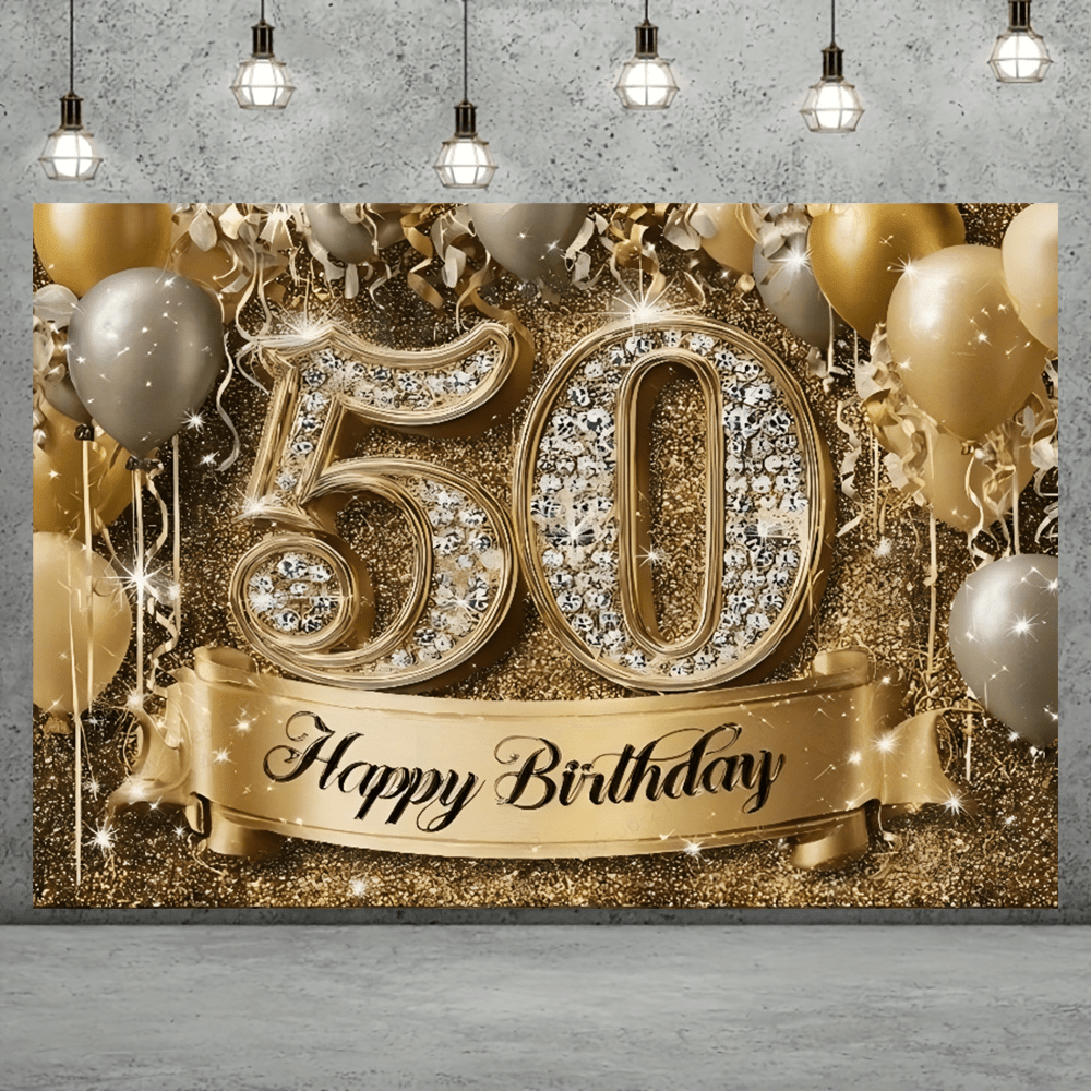 1件 50歲生日派對背景布幔－聚酯纖維材質，黑色與金色亮片氣球設計，適用於50週年慶祝－多功能攝影背景，室內外裝飾 - A - 查看 6