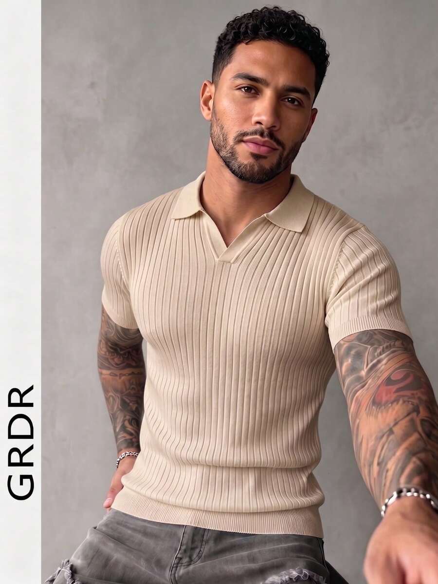 GRDR Men's Summer Airplane Collar Ribbed Solid Color Short Sleeve Knit Sweater, Suitable For Summer Outings, Essential For Fashionable Styling