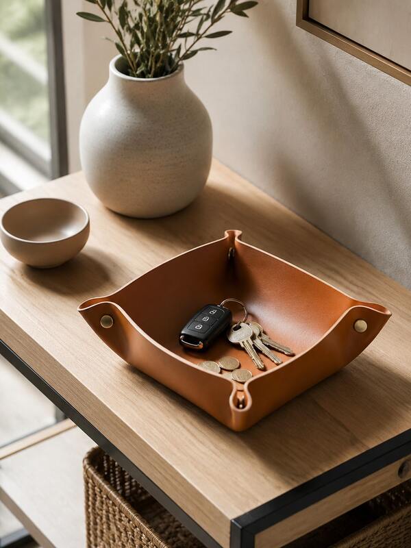 Snap-Button Foldable PU Leather Storage Tray, Desktop Organizer For Keys, Coins, Jewelry And Small Items