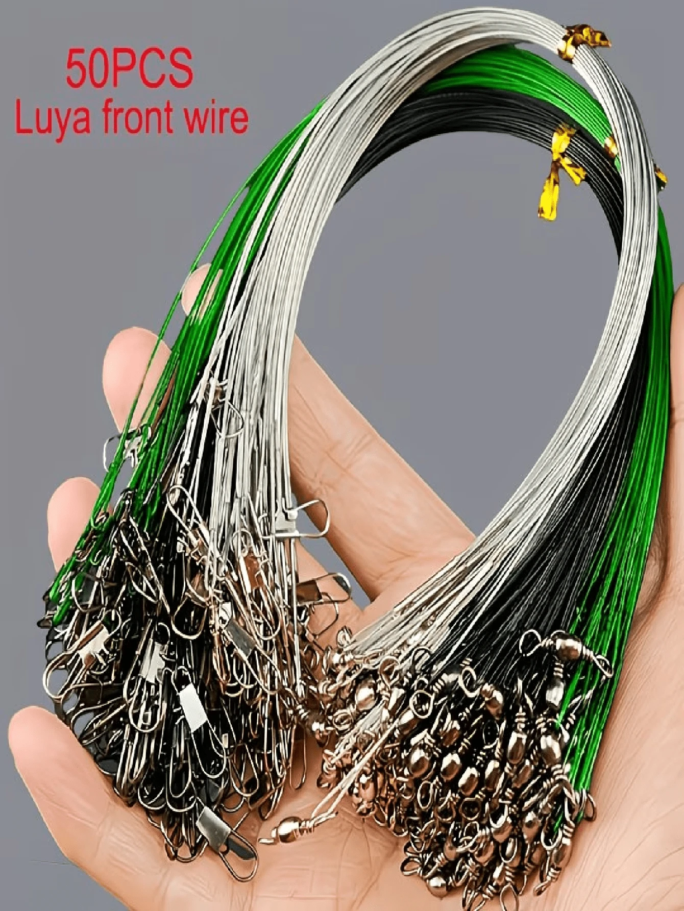 50pcs Steel Fishing Leader With Swivel And Anti-Bite Green Lure, Anti-Bite Wire Leader - A - View 1