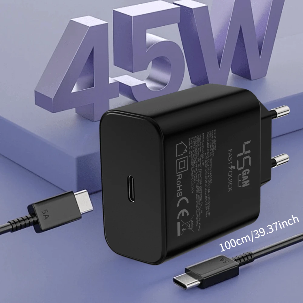 45W Super Fast Charger, Type-C Interface Compatible With PD3.0/PPS Fast Charging, 100cm/5A Data Cable Suitable For Smartphones, Tablets And Laptops, Compatible With IPhone/ Galaxy S25/S24/S23/S22 Ultra - EU C Type Plug(220-240V) - View 1