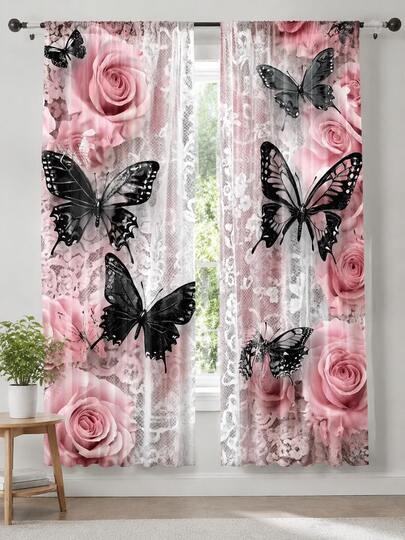 2 Pieces, 2D Digital Printed Curtains, Pink Flowers And Butterflies, Machine Washable (Pole Free, Non Movable, Battery Free), Suitable For Home Decoration In Bedrooms, Living Rooms, Offices, Pole Bag Design