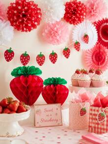 1 Set 22pcs Strawberry Theme Paper Party Decorations, Including Strawberry Hanging Decor And Backdrop, Suitable For Birthday Party, Holiday Celebration, Dessert Table And Summer Party Decoration - Strawberry Theme - View 4