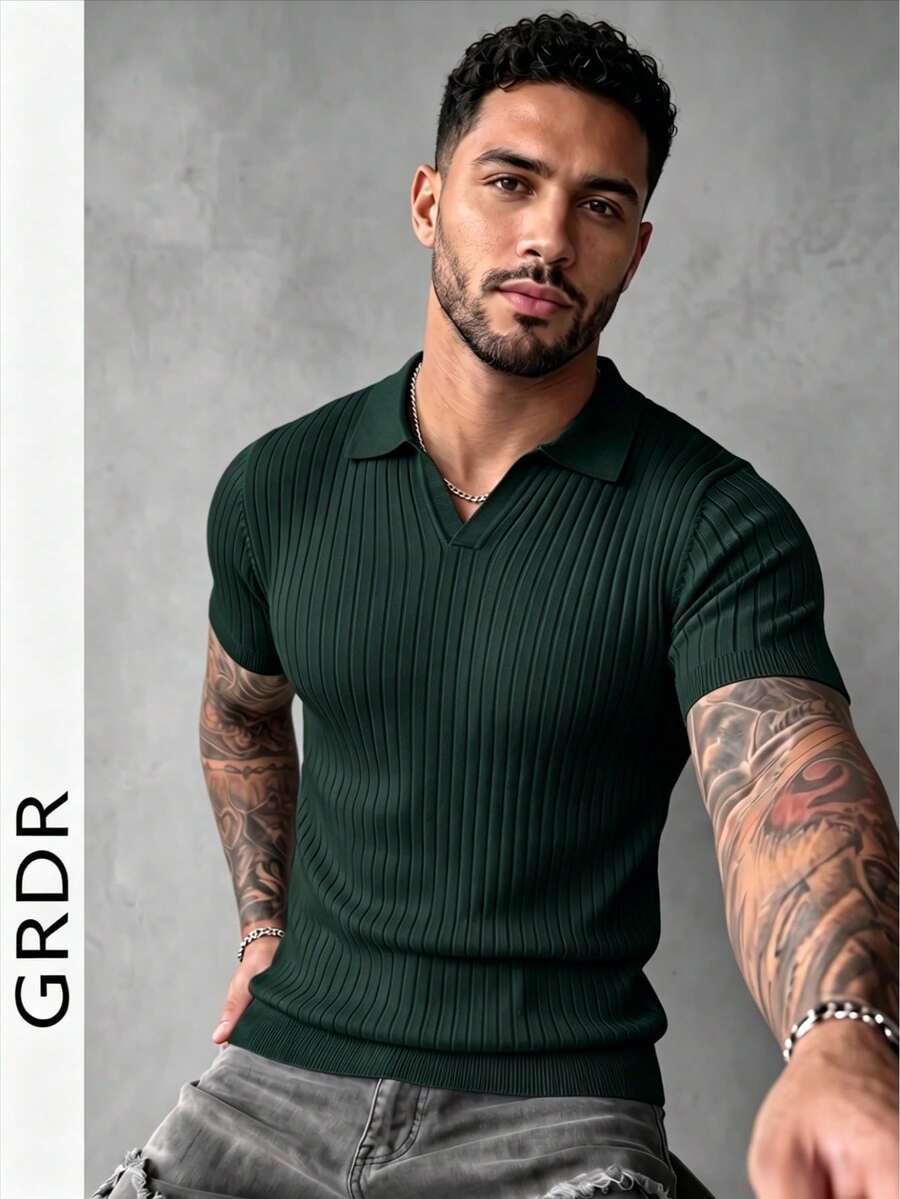 GRDR Suéter de punto de manga corta con cuello de aviador acanalado de unicolor para hombre, adecuado para salidas de verano, esencial para un estilo de moda