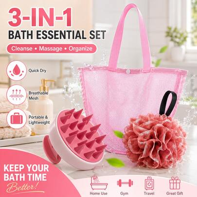 Juego de 3 piezas de cepillo corporal para baño + almacenamiento, herramientas de limpieza con bolsa de playa, peine de masaje para el cabello, cepillo de bola de baño, mango antideslizante, cerdas suaves, limpia y masajea cada parte del Body, fácil de limpiar, cuidado de belleza, adecuado para viajes, bolso de almacenamiento de moda, multifuncional