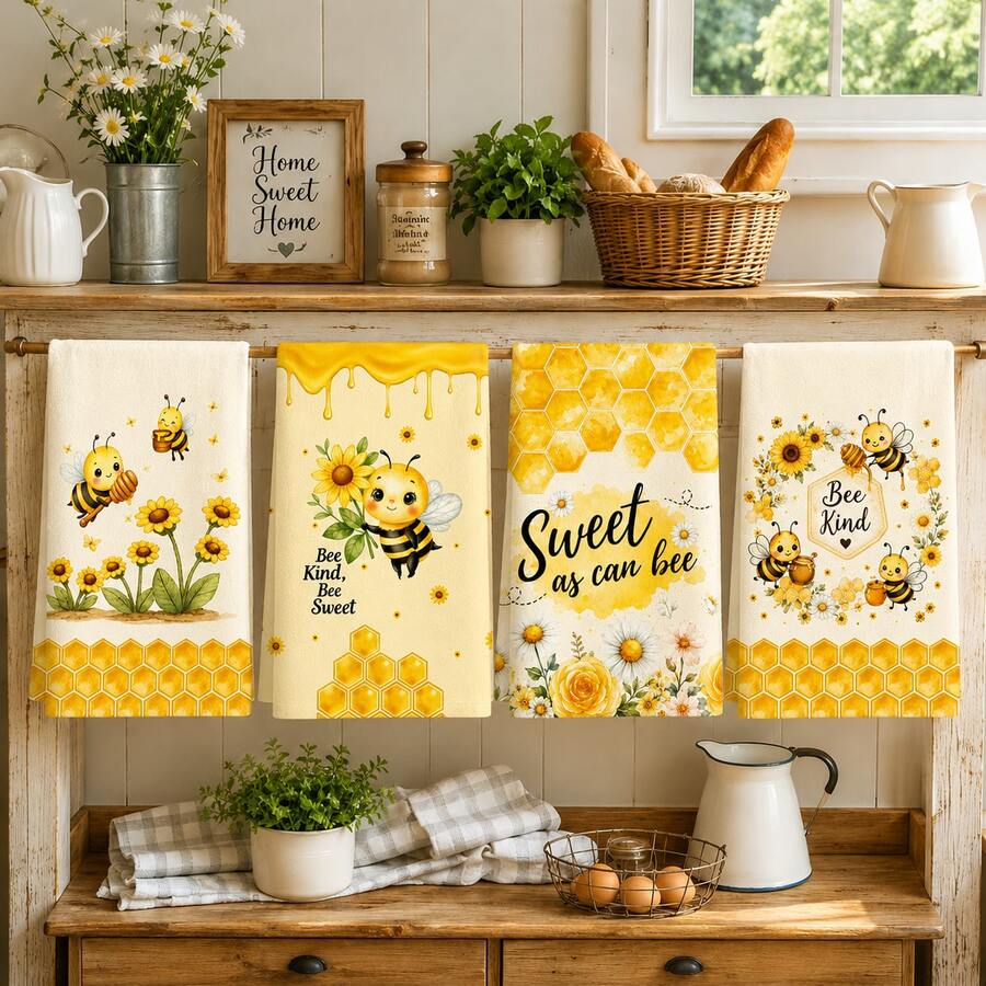 2/4/6pcs Set, Dish Towel, Little Bee Kitchen Towel And Dishcloth - Cute Farmhouse Style Decor, Adorable Bee Theme Hand Towel Suitable For Farmhouse Style Home, Modern Kitchen Decor Dishcloth, Machine Washable Bee Print, Home Gift For Mom, New Home Gift, Reusable Kitchen Cleaning Cloth For Home Kitchen Decor - Multicolor - View 1