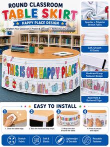 1 pieza - Falda de mesa de aula Happy Place, decoración de mesa colorida de vuelta a la escuela, cubierta elástica de poliéster de spandex para escritorio de profesor, centro de biblioteca y fiesta de bienvenida - Multicolor - Ver 2