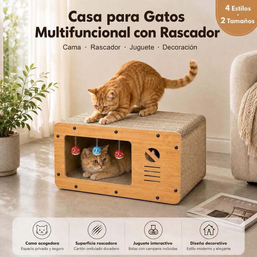 Casa para Gatos Multifuncional com Riscador Integrado, Cama Aconchegante para Descansar e Brincar, com Campainha Pendurada que Entretem o seu Animal, Protege seus Moveis e Sofas enquanto o Gato Brinca e se Exercita em Casa, Design Pratico e Divertido para o Lar - L - Ver 1