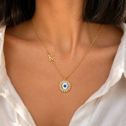1pc New Classic Initial Eye Pendant Golden Stainless Steel Chain Necklaces For Women