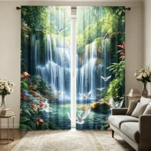 2pcs Natural Style Waterfall Forest Landscape Semi-Sheer Curtains, Polyester Material, With Rod Pocket, Modern Style, Machine Washable, Suitable For Bedroom And Multiple Rooms - Multicolor 2 - View 9