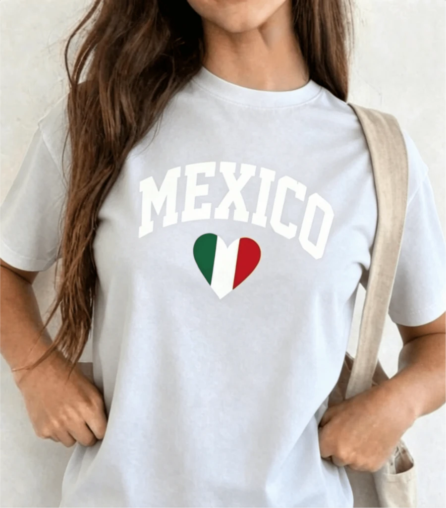 Women's Casual T-Shirt, Round Neck, Short Sleeve, MEXICO Print, Made In Mexico, Unisex Loose Fit Cotton T-Shirt With Short Sleeves And Round Neck, Vintage Urban Style - 白色的 - 查看 1
