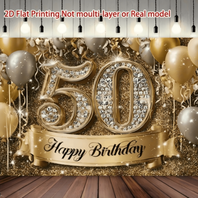 1件 50歲生日派對背景布幔－聚酯纖維材質，黑金亮片氣球設計，適用於50週年慶祝－多功能攝影背景，室內外裝飾