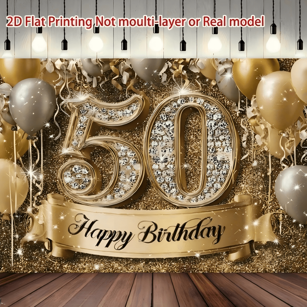 1件 50歲生日派對背景布幔－聚酯纖維材質，黑金亮片氣球設計，適用於50週年慶祝－多功能攝影背景，室內外裝飾