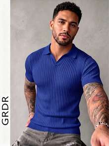 GRDR Men's Summer Airplane Collar Ribbed Solid Color Short Sleeve Knit Sweater, Suitable For Summer Outings, Essential For Fashionable Styling - Royal Blue - View 2