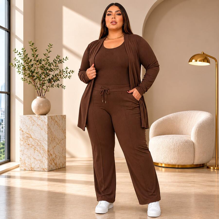 Women's Plus Size 3-Piece Knit Set For Winter: Cardigan, Tank Top, Jogger Pants, Black, Brown, Wine, Gray - Winter Fashion 2026 - 鏽棕色 - 查看 1