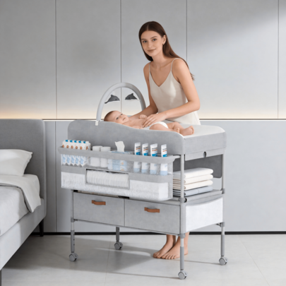 Mueble Cambiador Contemporáneo Plegable para Bebé, Altura Modificable con Ruedas