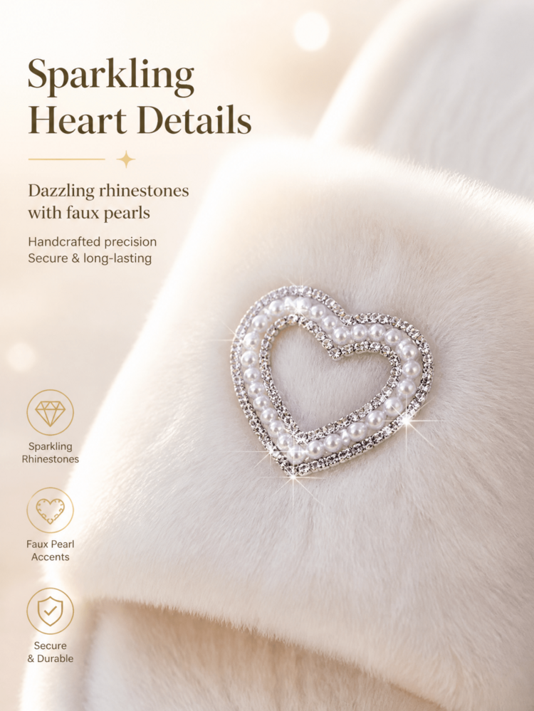 1 Pair White Fluffy Heart Rhinestone Women's Slippers, Elegant French Cream Style Fur Open Toe Shoes, All Season - White - View 3