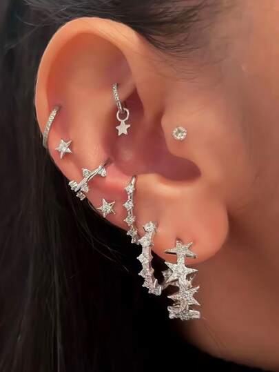 Juego de 9 piezas de pendientes de estrella con circonita cúbica brillante, apilables de varias capas, adecuados para el uso diario y de fiesta de las mujeres