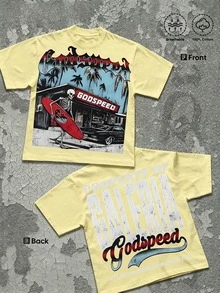Street Life Men's Y2k Style Graphic Funny Printing (220 Pure Cotton T-Shirt) Godspeed Skull Tee: Surf & Atlanta Vibe,Men's Summer Round Neck Short - 黃色 - 查看 8