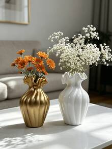 1Pc Gold Lace Vertical Stripe Art Vase - Nordic Modern Light Luxury Resin Flower Vase For Living Room & Desk | Home Decor, Room Decor, Vintage Decor, Boho Decor, Desk Decor, Unique Gift, Table Centerpiece, Housewarming Gift - Multicolor - View 3