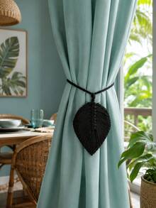 1pc Leaf Curtain Tieback, Bohemian Handmade Woven Curtain Holder, Hand-Knotted Leaf-Shaped Curtain Tieback, Bohemian Style Curtain Holder, Rustic Style Curtain Accessory, Tassel Leaf Curtain Decorative Tieback, Minimalist Bohemian Curtain Decor, Neutral Tone Curtain Holder, Suitable For Bedroom, Living Room, Children's Room, Kitchen, Country, Bohemian Style Interior Decor Home Curtain Accessory - Multicolor - View 3