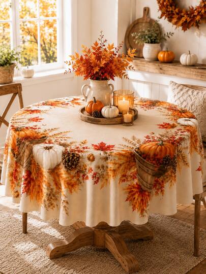 1pc-Autumn Pumpkin And Maple Leaf Patterned Tablecloth, Rustic Farmhouse Style Autumn Harvest Print Tablecloth, Made Of Polyester, Wrinkle-Resistant, Suitable For Thanksgiving Family Dinners, Kitchen And Dining Room, Indoor Parties And Home Decor.