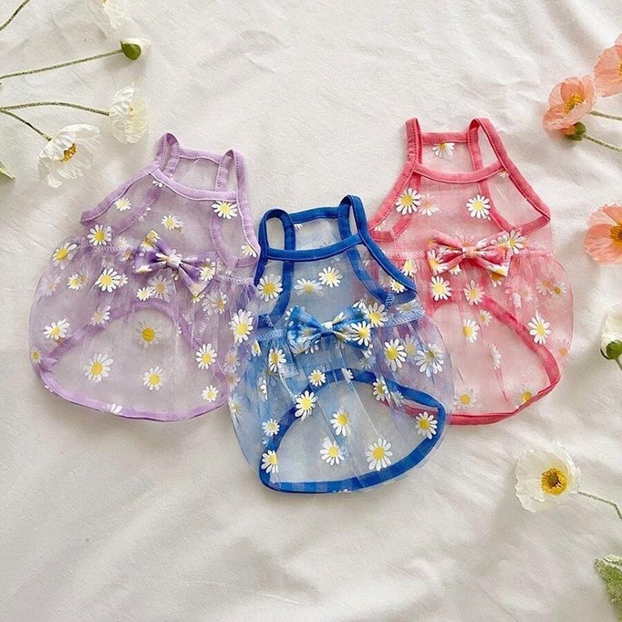 1pc Pet Daisy Mesh Tank Dress, Cute Vest Clothing For Cats And Dogs, Spring Summer Autumn - Multicolor - View 1
