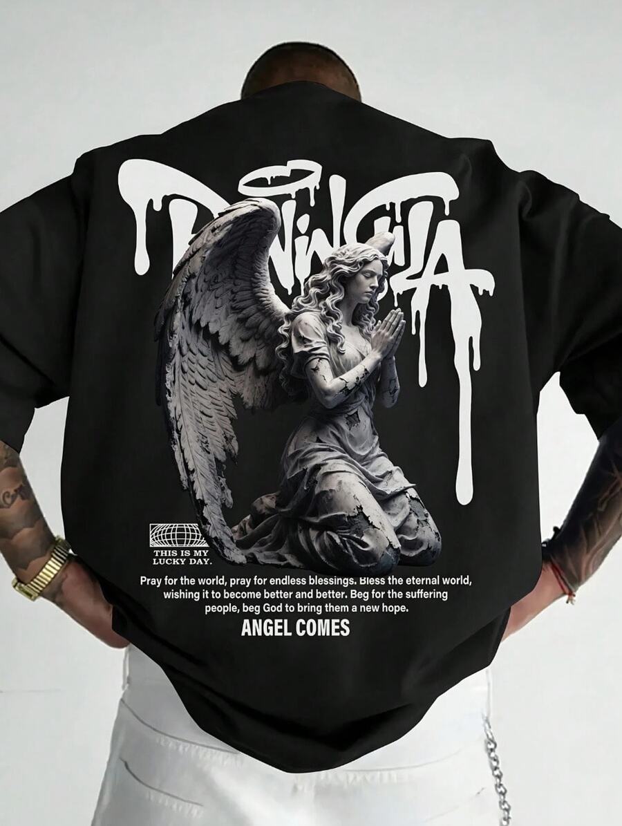 Camiseta de manga corta con elemento de impresión de retrato oscuro de escultura de ángel minimalista y versátil casual para hombres Zrgoth - Negro - Ver 1