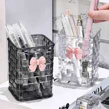 Acrylic Desktop Pen Holder - Transparent Pencil Storage Box, Makeup Brush Cup - Decorated With Bow - Back To School Accessory, Teacher's Day Gift (Transparent) - Pen Holder - View 6