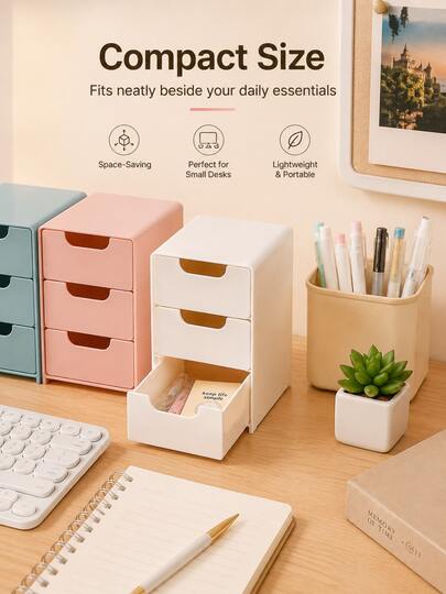 3-Compartment Drawer Storage Box, Lightweight Stackable Portable Desktop Organizer, Multi-Compartment Design, Suitable For Office Supplies, Jewelry, Cosmetics And Crafts, Home And Office Daily Storage And Organization Solution