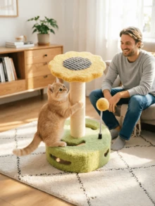 Small Flower-Shaped Cat Tree, Scratch-Resistant Sisal Posts, Hollow Base With Cat Teaser Ball, Viewing Platform Included, Multiple Colors Available, Integrated Play And Scratching Design With Space-Saving Footprint. - Multicolor - View 1
