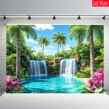 1pc Tropical Coconut Grove Waterfall Water Scene Backdrop, Double Layered Mountain Spring Emerald Pond Palm Tree Pattern, Suitable For Summer Party, Indoor/Outdoor Background Decoration, Room, Garden And Summer Celebration - A - View 4