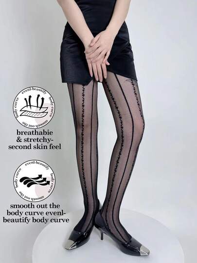 Women's JK Style Sexy Tights, Black Lace-Up Design, Cute Plaid Basic Stockings, Suitable For Daily Wear