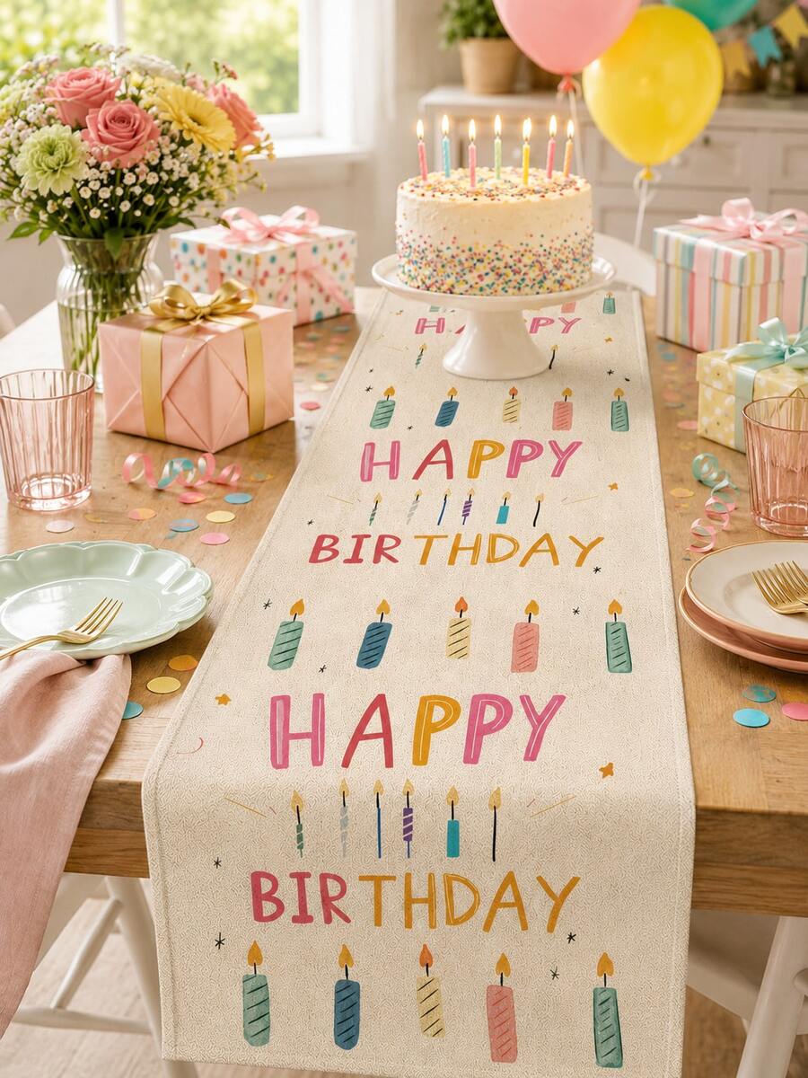 1件裝生日快樂桌巾－可水洗亞麻桌布，適合生日派對，室內廚房桌用，氛圍感生日長桌巾，廚房室內外桌飾與節慶慶祝桌飾 - 彩色 - 查看 1