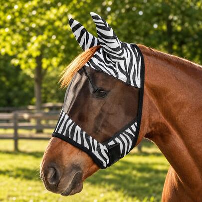 Fliegenmaske für Pferde (Zebra), schwarz-weiß, leichte, atmungsaktive Netz-Gesichtsmaske mit Öffnung für die Stirnlocke, großzügigem Augenbereich und freier Nase, Fliegenschutz für Ponys (Shetty, VB, WB, XWB), geeignet für Reitstall und Weide.