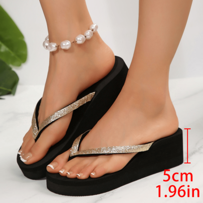 [Nightclub Hot Item] European & American Style Gold Glitter Thick Sole Flip Flops, Women's Summer Wedge Platform Height-Increasing Toe-Post Sandals, Fashionable Outdoor Vacation Beach Shoes, Sparkling Eye-Catching Nightlife Piece