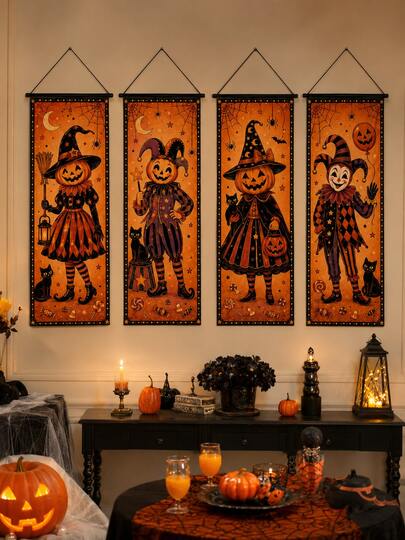 1 Set 4pcs Vintage Halloween Decorative Wall Hanging Banners, Polyester Pumpkin Witch Clown Skull Print Wall Flags With Hanging Rod And Rope, Suitable For Porch Living Room Fireplace Party Home Decor Room Decoration Carnival Night Wall Decoration