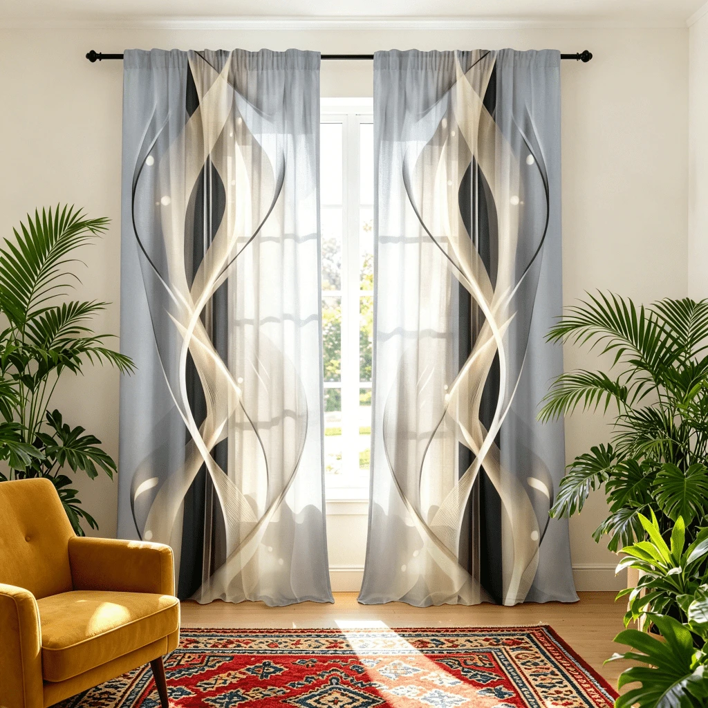 2pcs Modern Abstract Line Polyester Printed Curtains, All Season Modern Design, 100% Polyester Fiber, Filter/Translucent/Privacy Protection, With Rod Pocket, Easy To Install, Perfect For Kitchen, Laundry Room, Bedroom, Study, Living Room