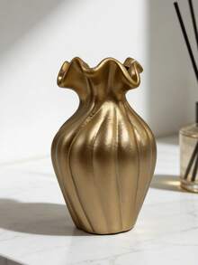1Pc Gold Lace Vertical Stripe Art Vase - Nordic Modern Light Luxury Resin Flower Vase For Living Room & Desk | Home Decor, Room Decor, Vintage Decor, Boho Decor, Desk Decor, Unique Gift, Table Centerpiece, Housewarming Gift - Multicolor - View 12