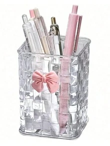 Acrylic Desktop Pen Holder - Transparent Pencil Storage Box, Makeup Brush Cup - Decorated With Bow - Back To School Accessory, Teacher's Day Gift (Transparent) - Pen Holder - View 7
