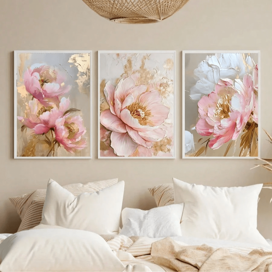3pcs Frameless Vintage Pink Peony Floral Canvas Oil Painting Wall Art, Plant Poster Decorative Painting, Suitable For Home And Office Decoration, Holiday Gift Decoration