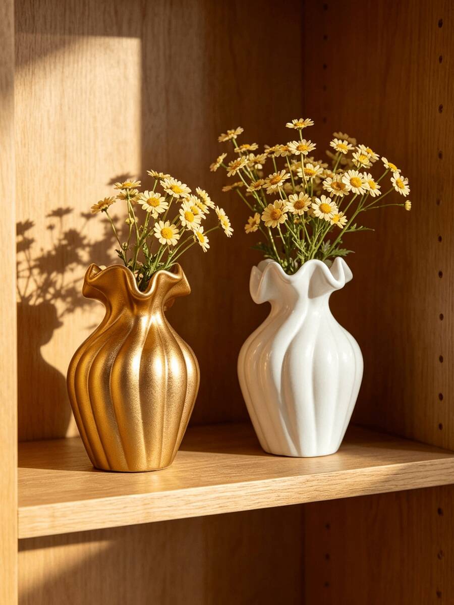 1Pc Gold Lace Vertical Stripe Art Vase - Nordic Modern Light Luxury Resin Flower Vase For Living Room & Desk | Home Decor, Room Decor, Vintage Decor, Boho Decor, Desk Decor, Unique Gift, Table Centerpiece, Housewarming Gift - Multicolor - View 1