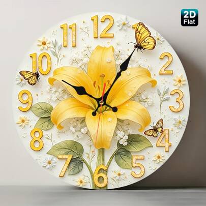 Wooden Wall Clock-2D Flat 1pc Embossed Yellow Lily Butterfly Floral Garden Style Decorative Printed Lightweight Indoor Easy To Install Battery Operated Silent Wall Clock Non-Ticking Easy To Read Round Wall Clock For Home Office Kitchen Bedroom Living