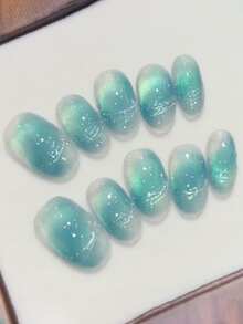 10pcs Pure Handmade Press On Nails, Fresh Minimalist Ocean Style, Translucent Turquoise Gradient, Shimmer Cat Eye & Textured Thread Patterns For Women And Girls, Spring Summer Fall Winter Festivals Party And Daily Life Use - Mint Blue - View 2