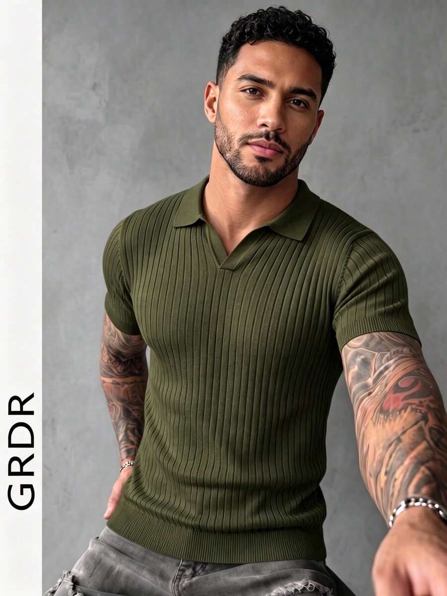 GRDR Men's Summer Airplane Collar Ribbed Solid Color Short Sleeve Knit Sweater, Suitable For Summer Outings, Essential For Fashionable Styling